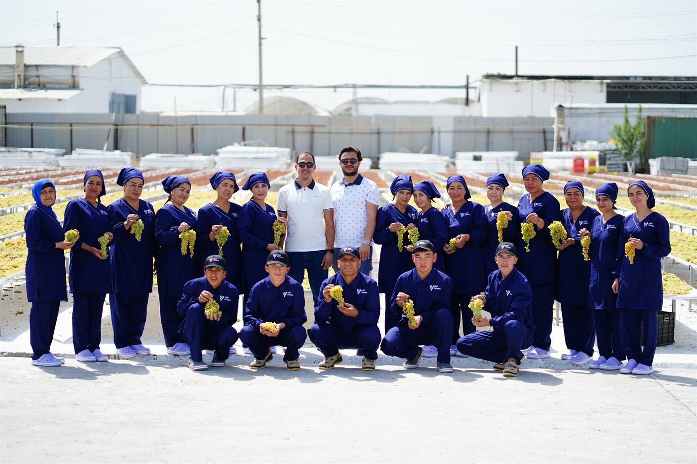 The NNP production team, around twenty staff in company uniform, standing together holding grape bunches in front of the open-air drying yards.