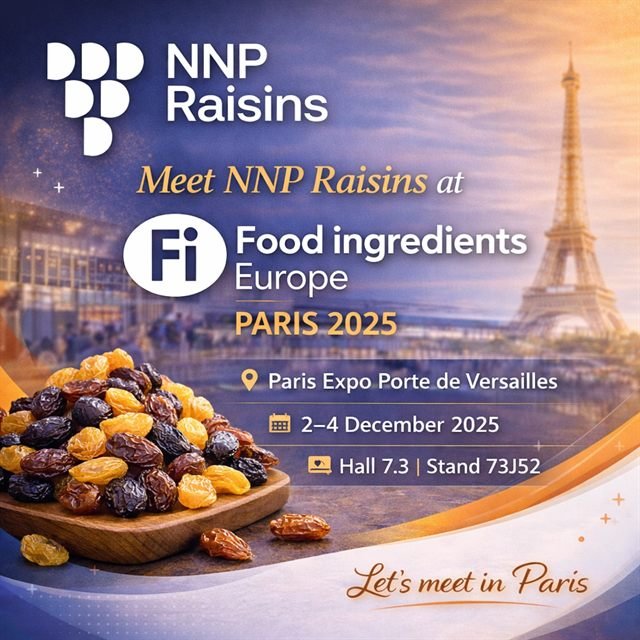 Pre-show graphic: Meet NNP Raisins at Fi Europe 2025, Paris Expo Porte de Versailles, 2 to 4 December, Hall 7.3, Stand 73J52.