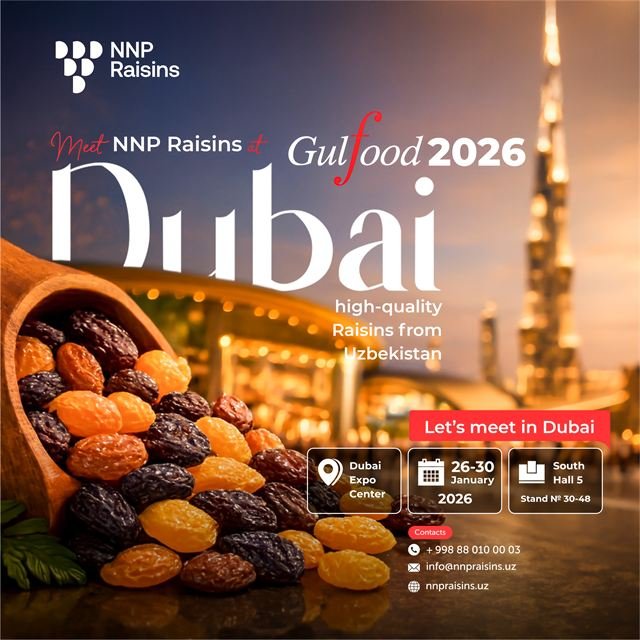 Pre-show graphic: Meet NNP Raisins at Gulfood 2026, Dubai, 26 to 30 January, South Hall 5, Stand 30-48.